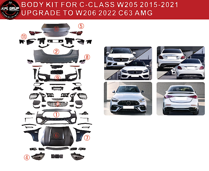 Benz For W205 Upgrade to W206 Amg C63 Wıth Headlıgh Taillıght Hood Fenders 2015-2018   - 2